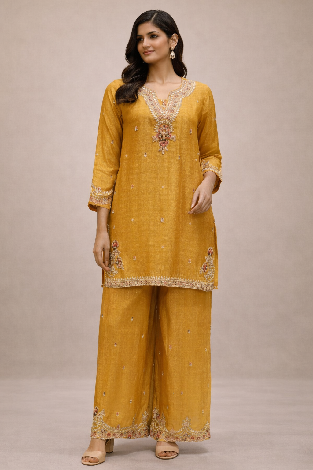 Mustard Yellow Silk Embroidered Kurta Pant Set